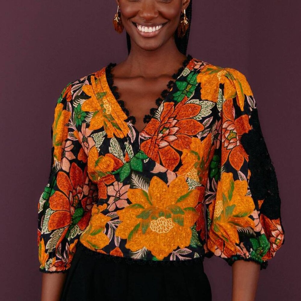 Farm Rio Garden Black Puff Sleeve Floral Lace Inset Blouse, Size S, New with Tag